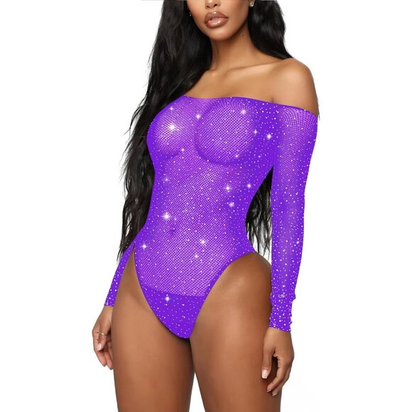 Women Violets Lingerie Fishnet Teddy Sparkle Rhinestone One Piece Mesh Bodysuit - Picture 2 of 5